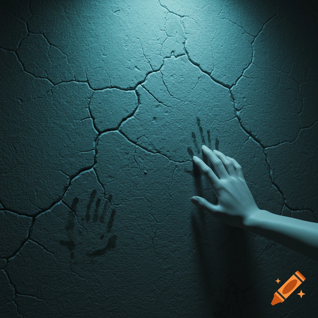A pale hand touches a dark, cracked wall with shadowy handprints, bathed in a dramatic spotlight.