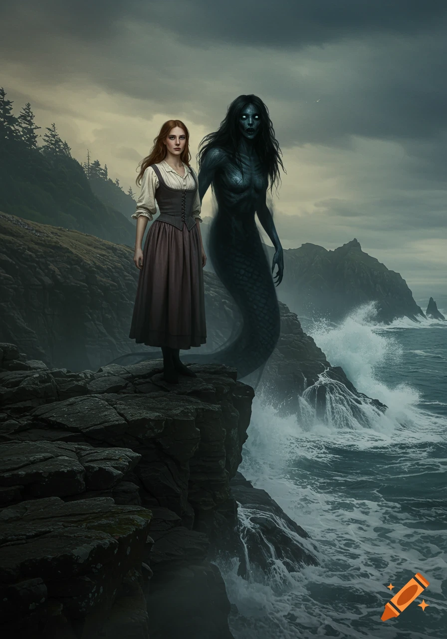 A woman in 19th-century clothing stands on a rocky coast next to a dark, monstrous sea spirit. Stormy sky, crashing waves.