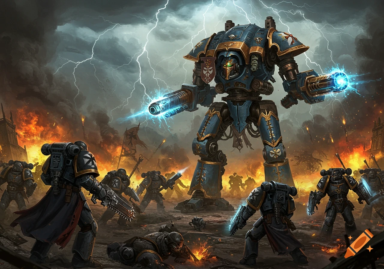 A colossal blue and gold Imperial Knight battles Black Templar Space Marines amidst a fiery, lightning-streaked battlefield.
