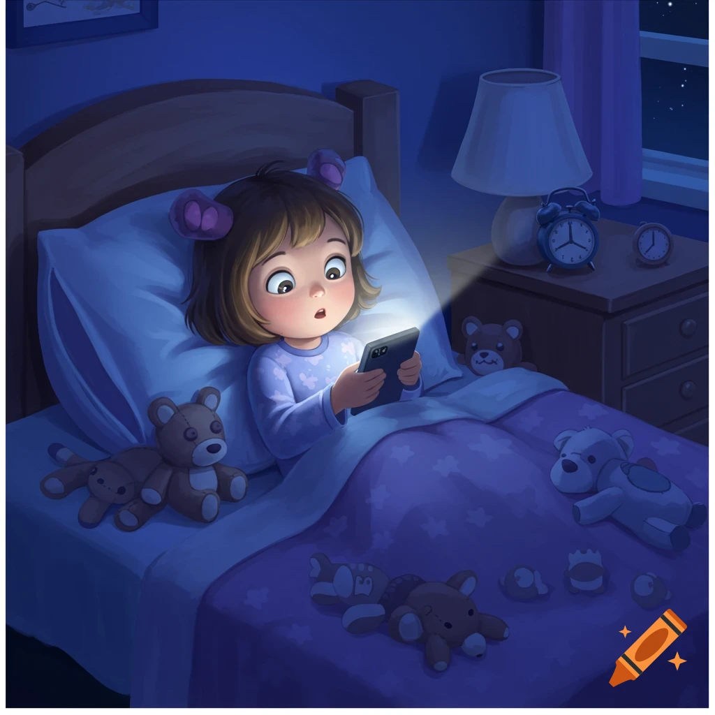 A wide-eyed little girl in pajamas lies in bed at night, secretly looking at a glowing phone screen in a cartoon illustration.