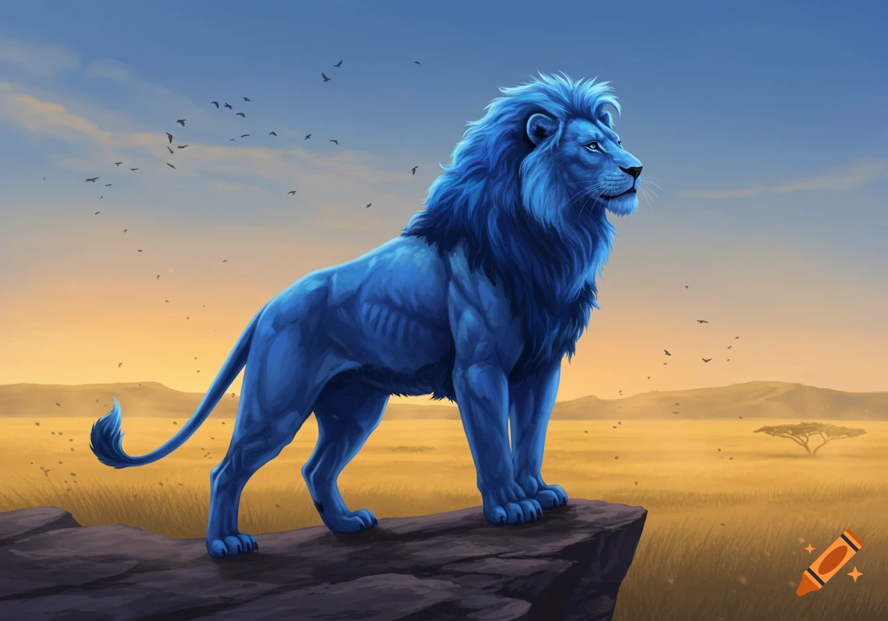 A majestic, muscular blue lion stands on a rock in a golden savanna landscape, looking into the distance as birds fly overhead.