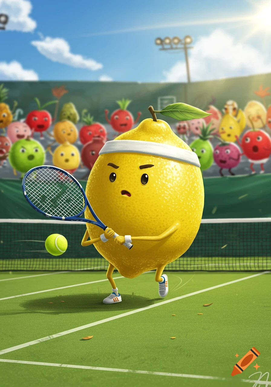 A cartoon lemon wearing a headband plays tennis on a green court, hitting a ball. Other fruits watch from the stands.