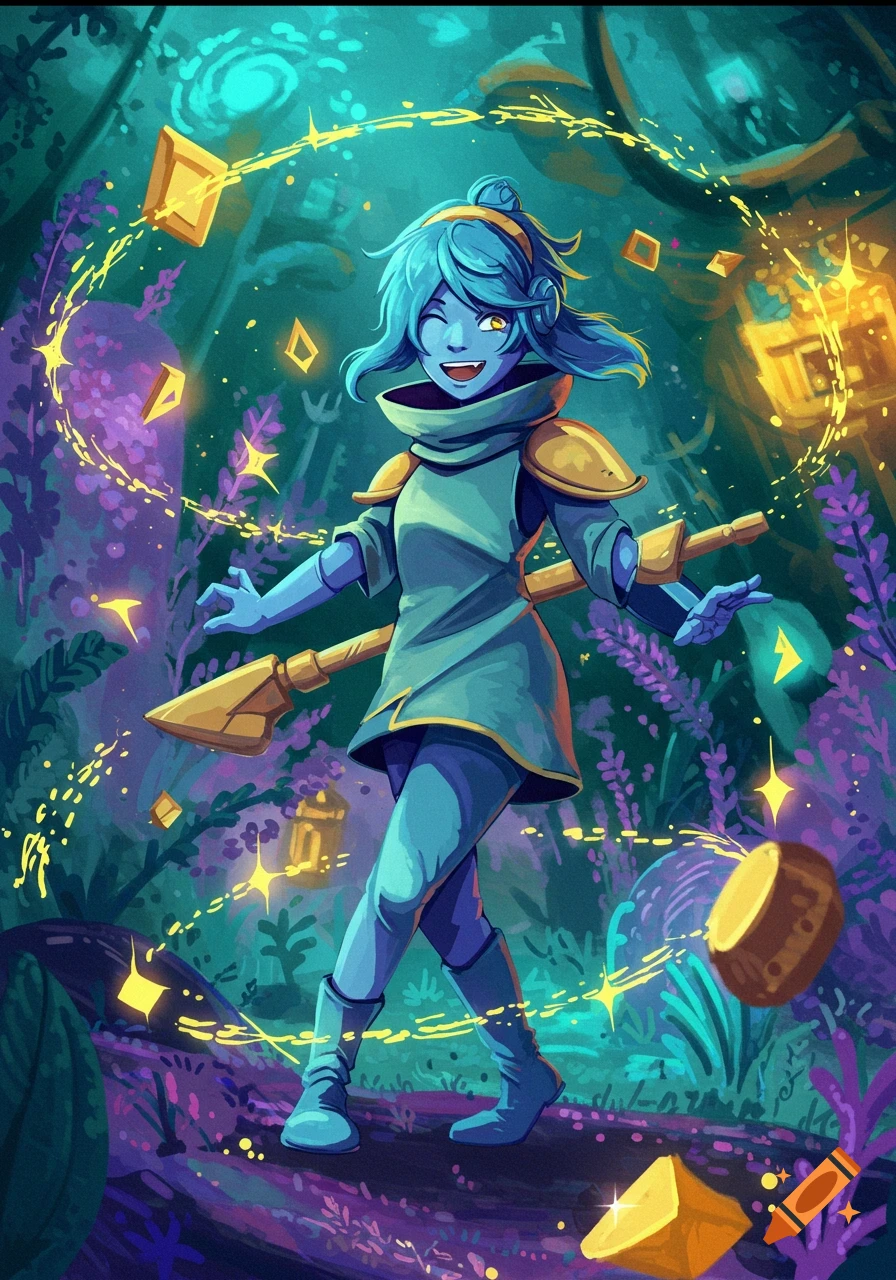 A blue-skinned, blue-haired character in an adventurer's tunic winks and smiles, holding a golden staff in a vibrant, glowing fantasy forest.