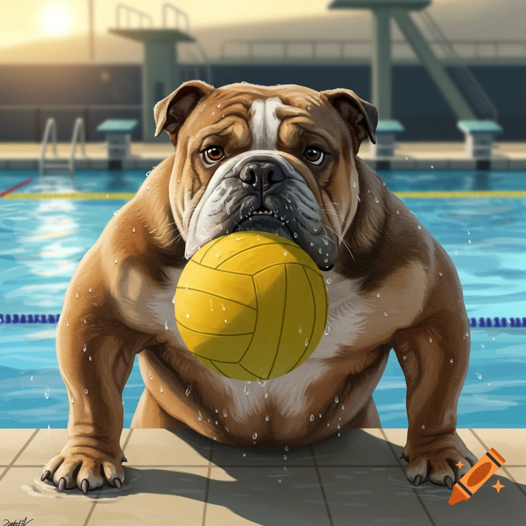 A muscular bulldog holds a yellow water polo ball in its mouth, standing at a swimming pool edge. Digital illustration.