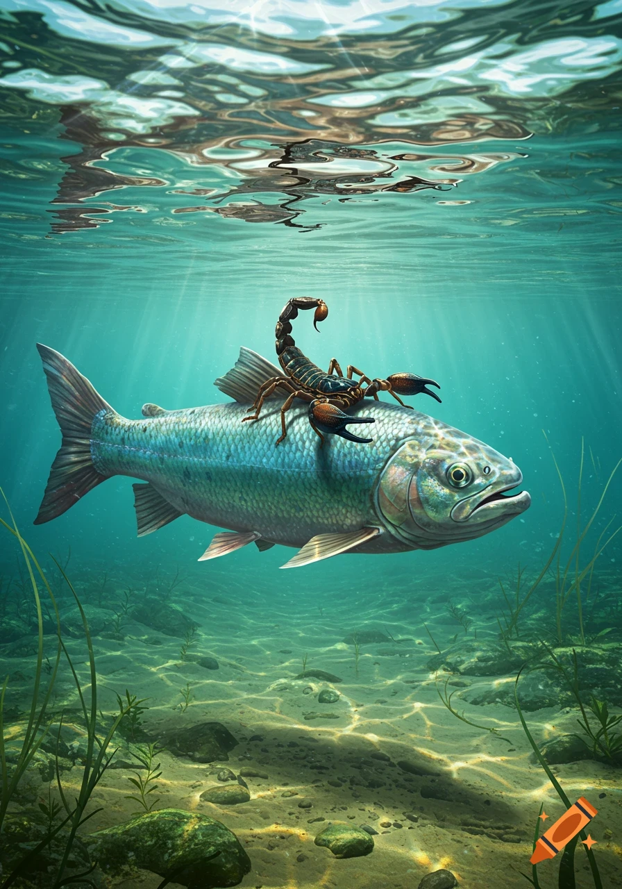 A large scorpion rides on the back of a fish underwater in a clear river with sunlight filtering through.