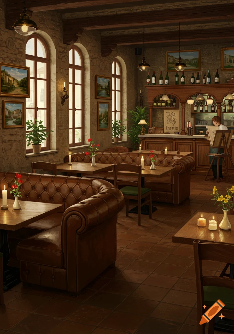 An illustrated view of a cozy Italian restaurant interior with leather booth seating, large windows, a bar, and paintings on stone walls.