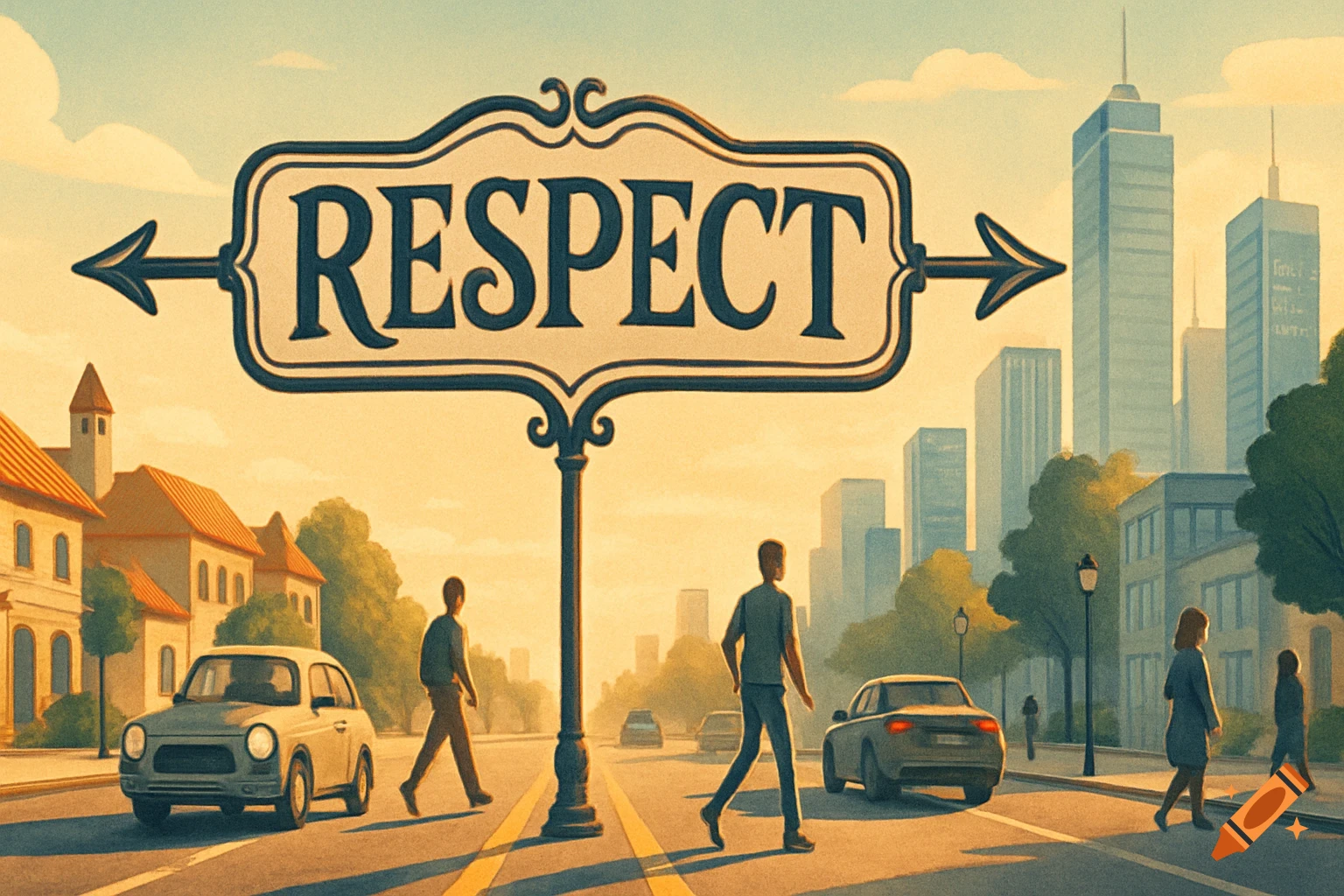 A stylized illustration of a city street with pedestrians, cars, and a large sign overhead that reads 'RESPECT' with arrows pointing left and right.