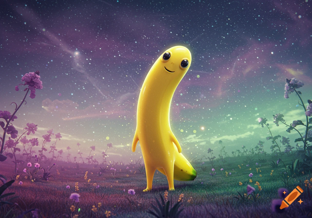 A cheerful, anthropomorphic banana character stands in a vibrant, starry alien landscape with purple flowers.