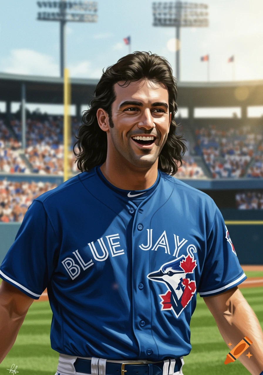 Smiling man with a mullet in a blue Blue Jays baseball jersey on a sunny field in a stadium.