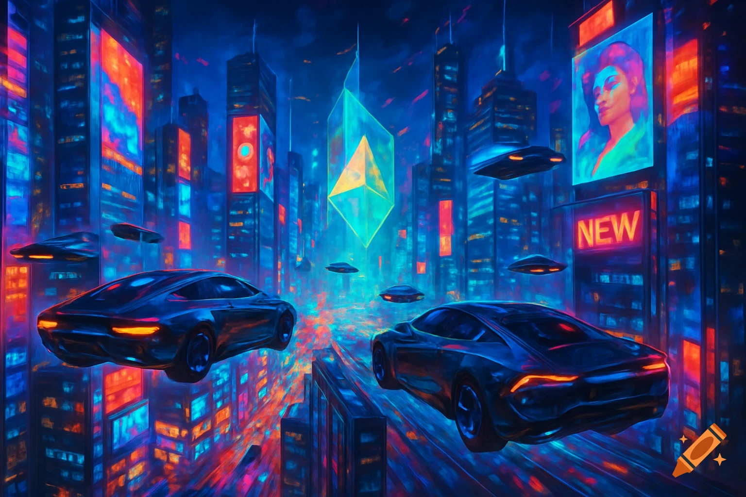 Vibrant neon-lit futuristic city at night with flying cars and tall buildings displaying holographic billboards.