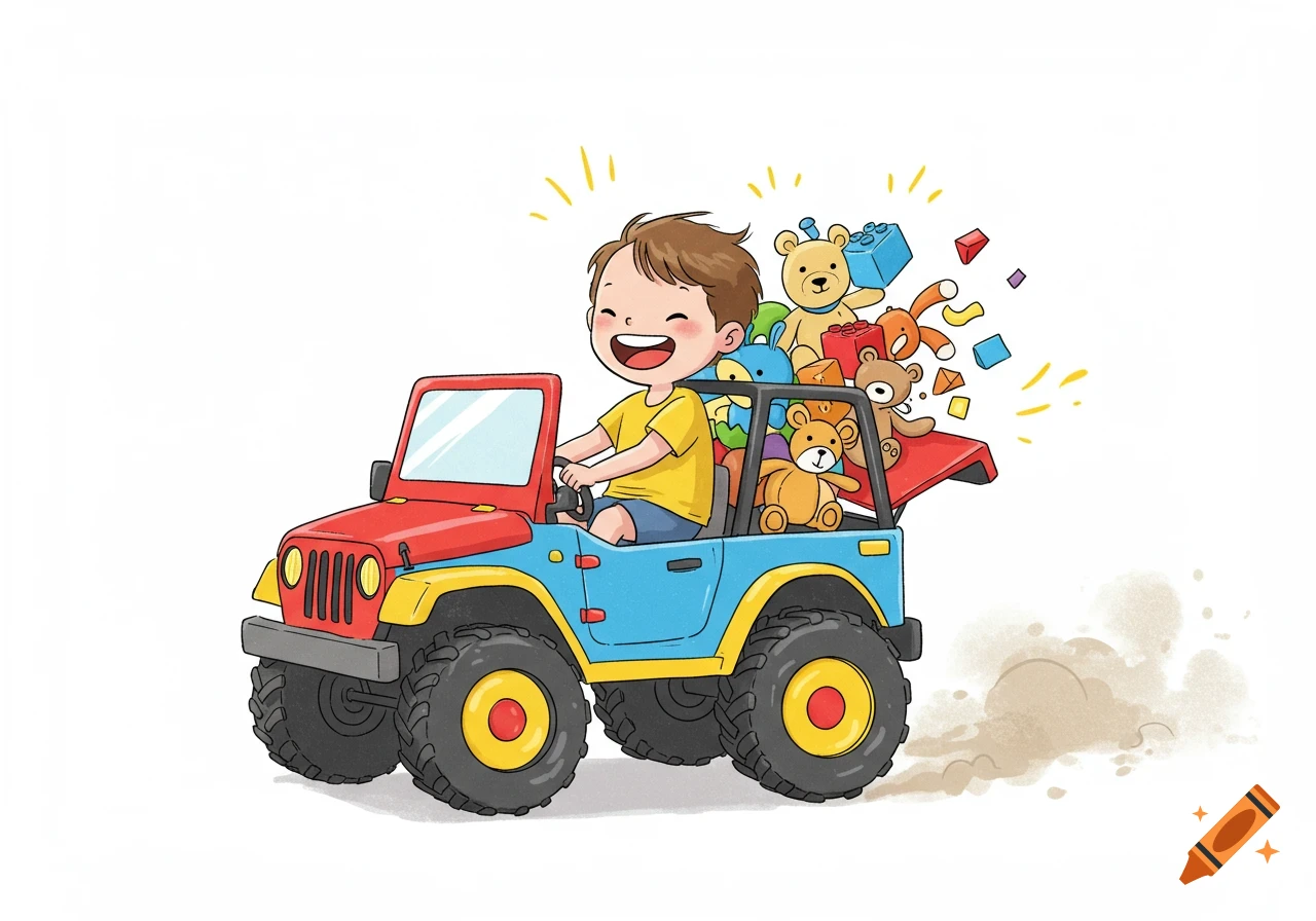 A happy cartoon child drives a red and blue toy jeep overflowing with toys against a white background.