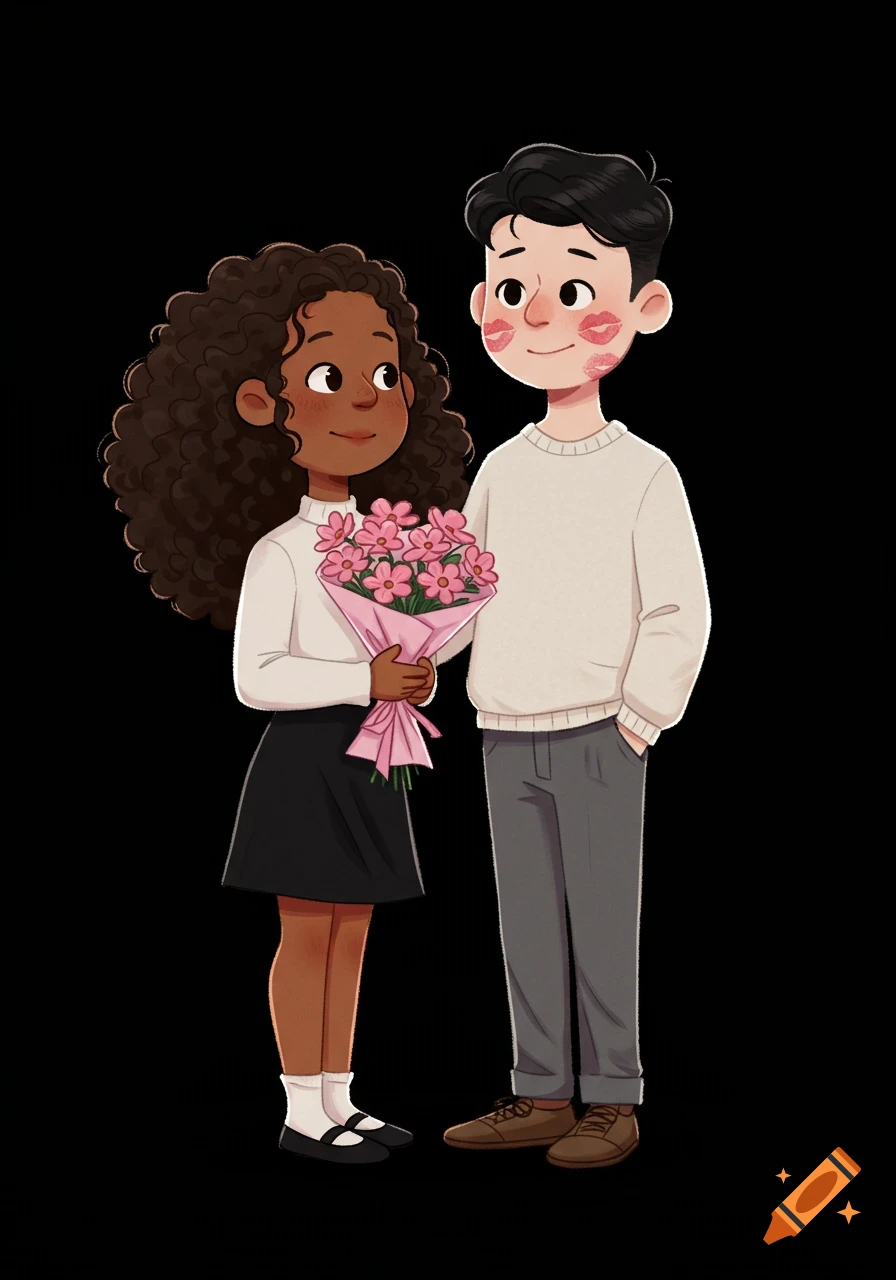 Cute cartoon illustration of a Black girl holding pink flowers, looking at an Asian boy whose face is covered in lipstick kiss marks.