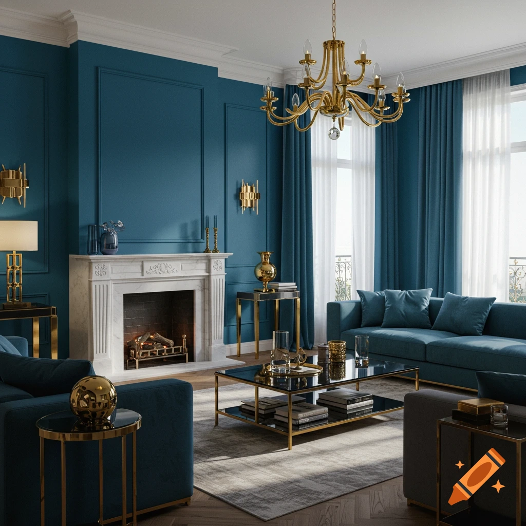 Photorealistic image of a luxurious living room with teal walls, blue velvet sofas, a white marble fireplace, and gold accent furniture.