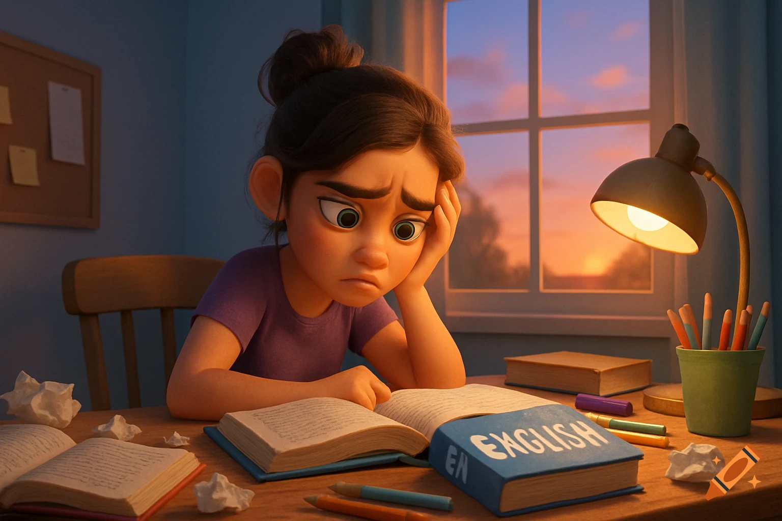 A 3D cartoon-style young woman with hair in a bun studies at a desk, looking frustrated among books and papers at sunset.