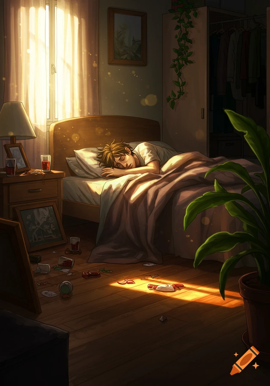 An anime illustration of a man sleeping deeply in a messy bedroom with morning sun streaming through the window.