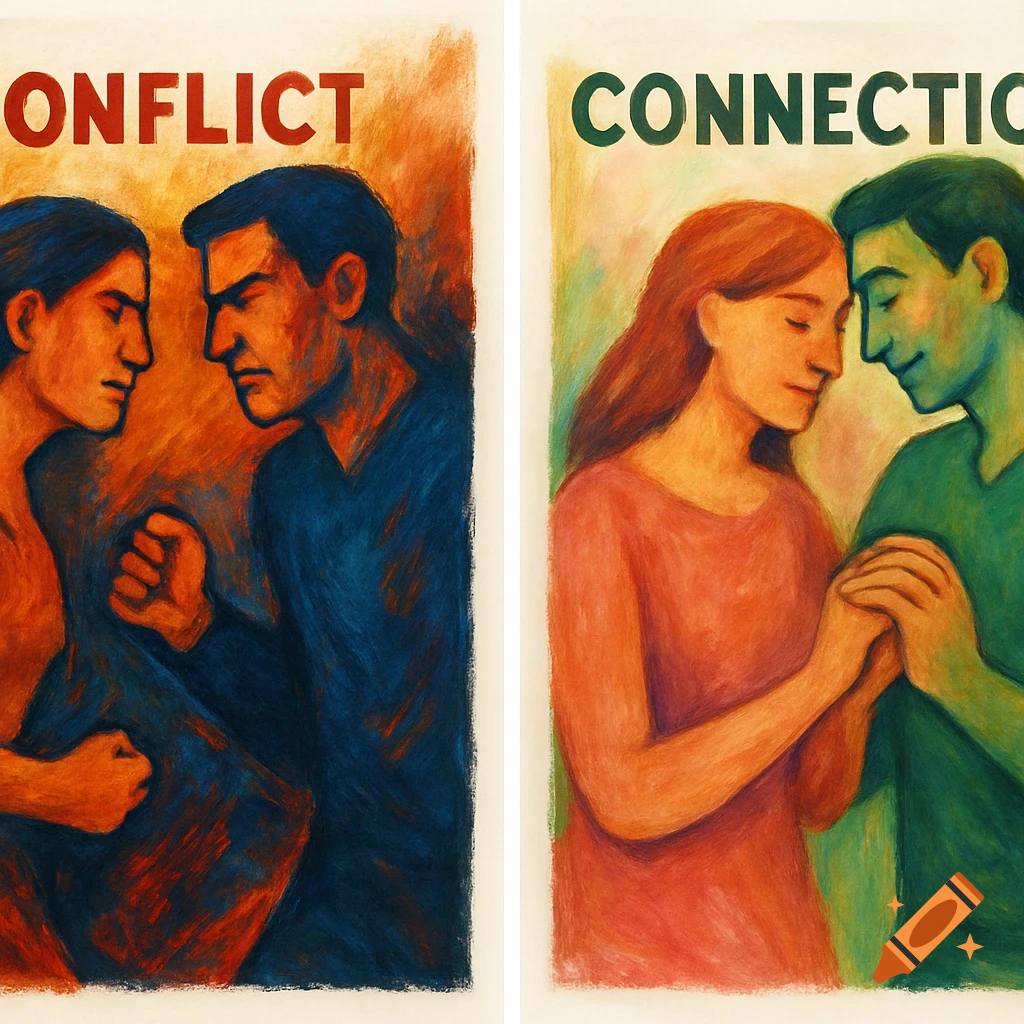 Painterly illustration of two pairs of figures: on the left, a man and woman in conflict, on the right, a man and woman in connection.