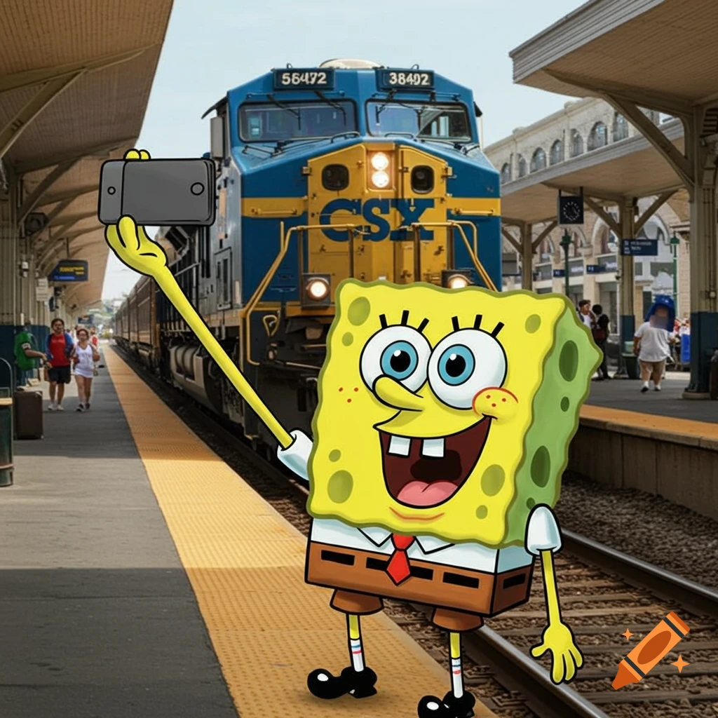 SpongeBob SquarePants, a cartoon character, takes a selfie on a train platform with a blue and yellow CSX train.