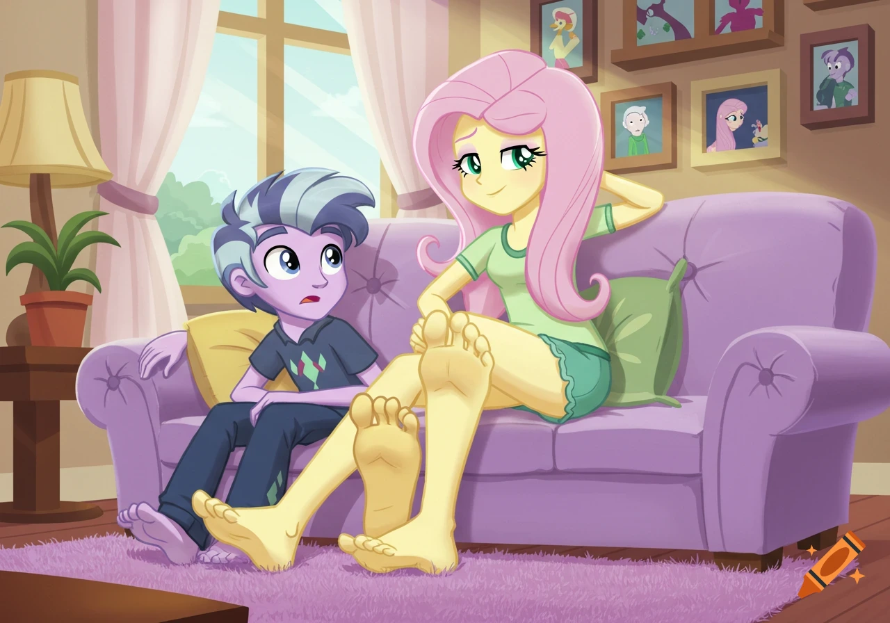 Fluttershy and Zephyr Breeze from Equestria Girls sit on a purple couch, Fluttershy's bare feet extended as Zephyr looks stunned.