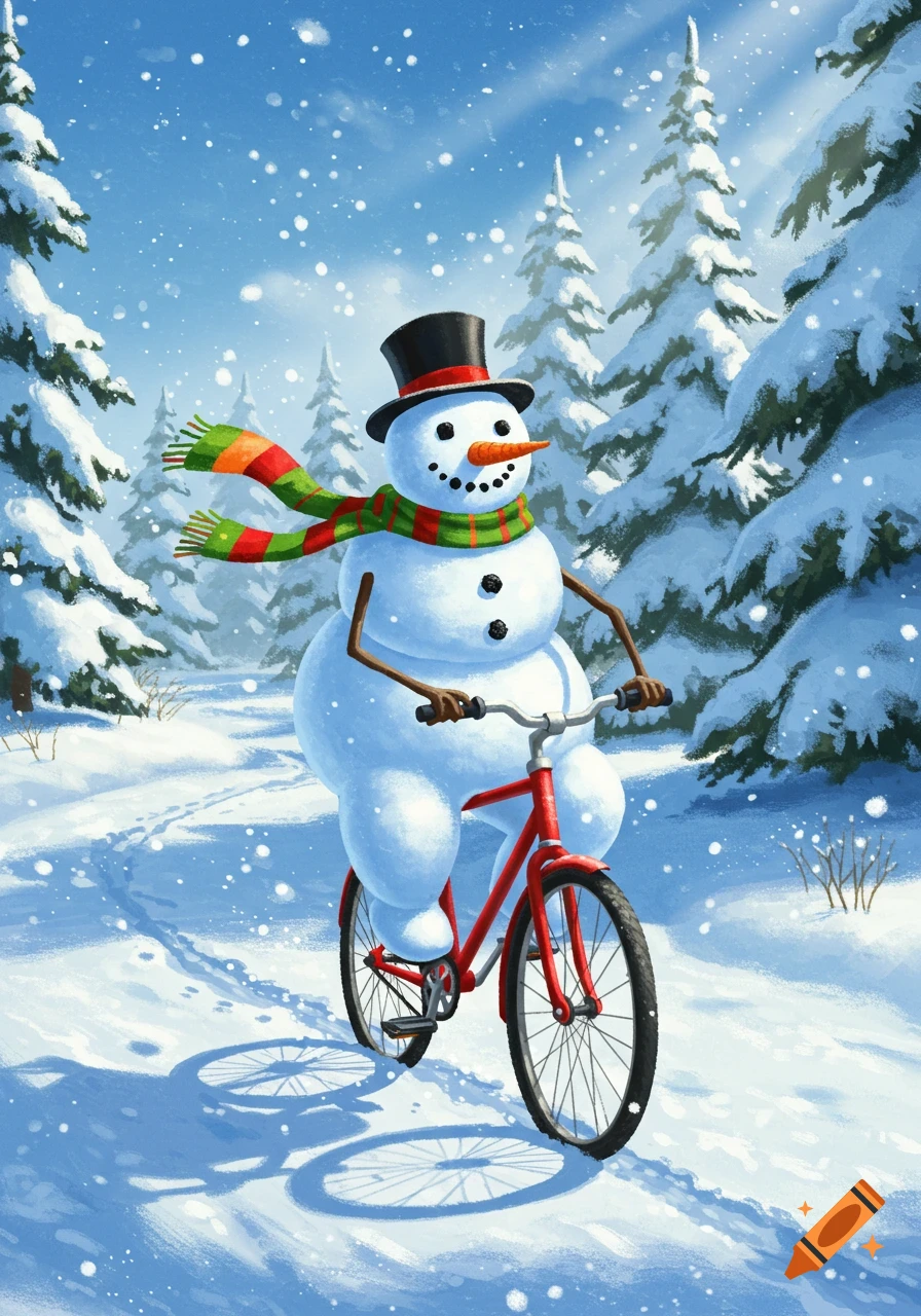 A cheerful snowman wearing a top hat and scarf rides a red bicycle through a snowy forest with flakes falling. Illustrated style.