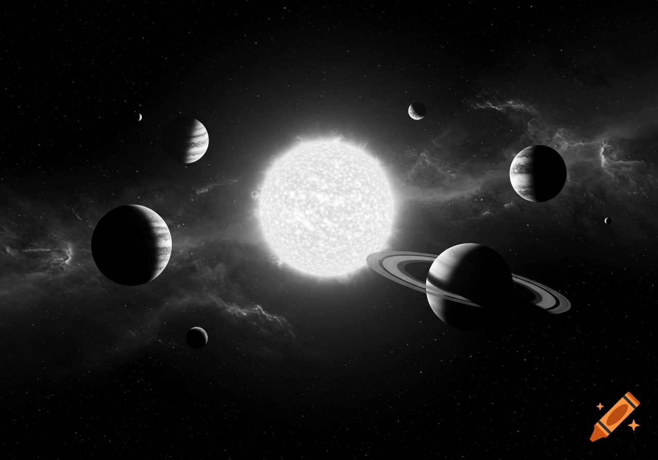 A black and white solar system with a bright central star, several planets including one with rings, and smaller moons against a star-filled nebula background.