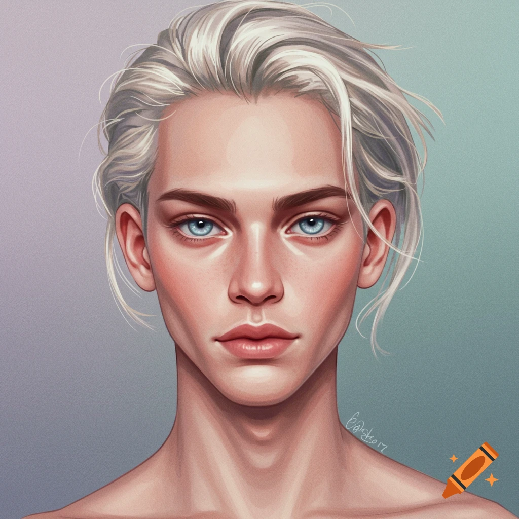 Stylized digital painting of an androgynous person with pale skin, white hair, and striking blue eyes, looking forward.