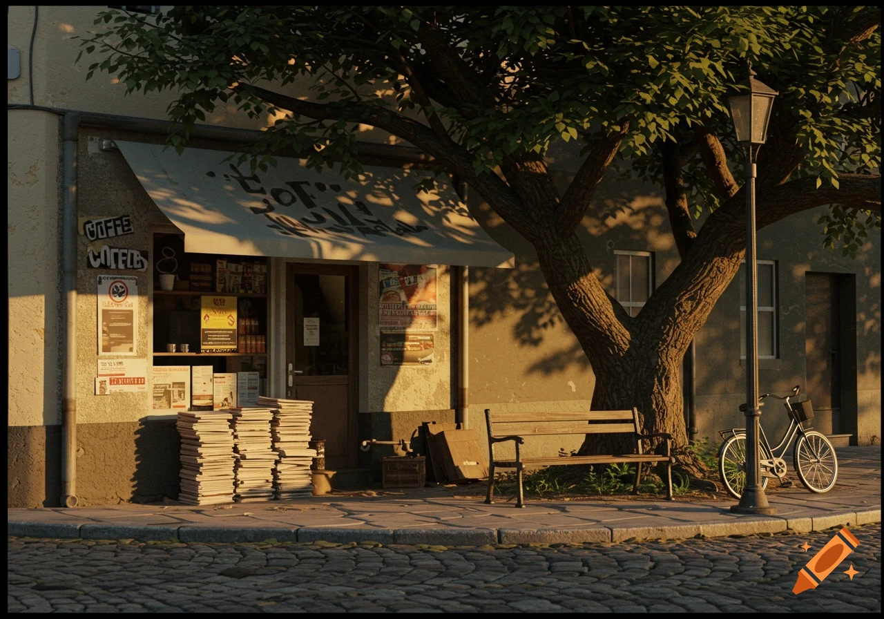 A sunlit street corner with a small shop, a large tree casting shadows, a wooden bench, a lamppost, and a bicycle on cobblestones. Golden hour lighting.