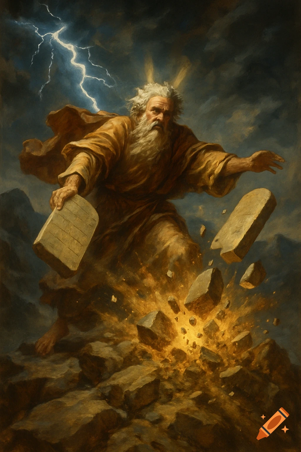 Dramatic painting of Moses shattering stone tablets amidst an explosion of rocks and lightning under a stormy sky.