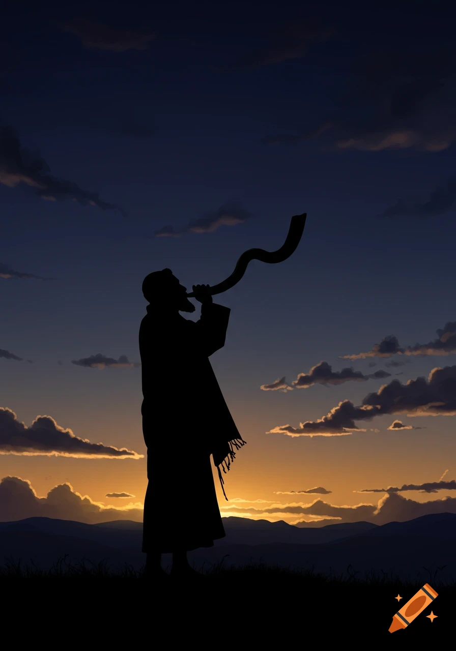 Silhouette of a man blowing a shofar against a dramatic sunset sky with clouds and distant hills.