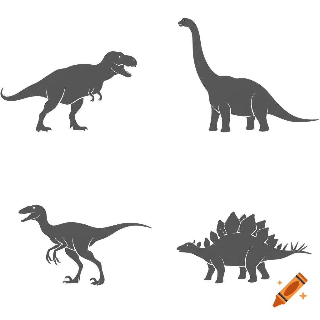 Four different grey dinosaur silhouettes (T-Rex, long-necked, raptor, Stegosaurus) in a 2x2 grid on a white background.