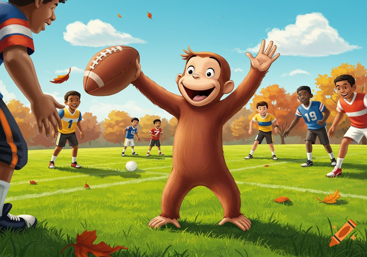 Curious George holds a football, playing touch football with children on a grassy field with autumn leaves under a sunny sky in a cartoon style.