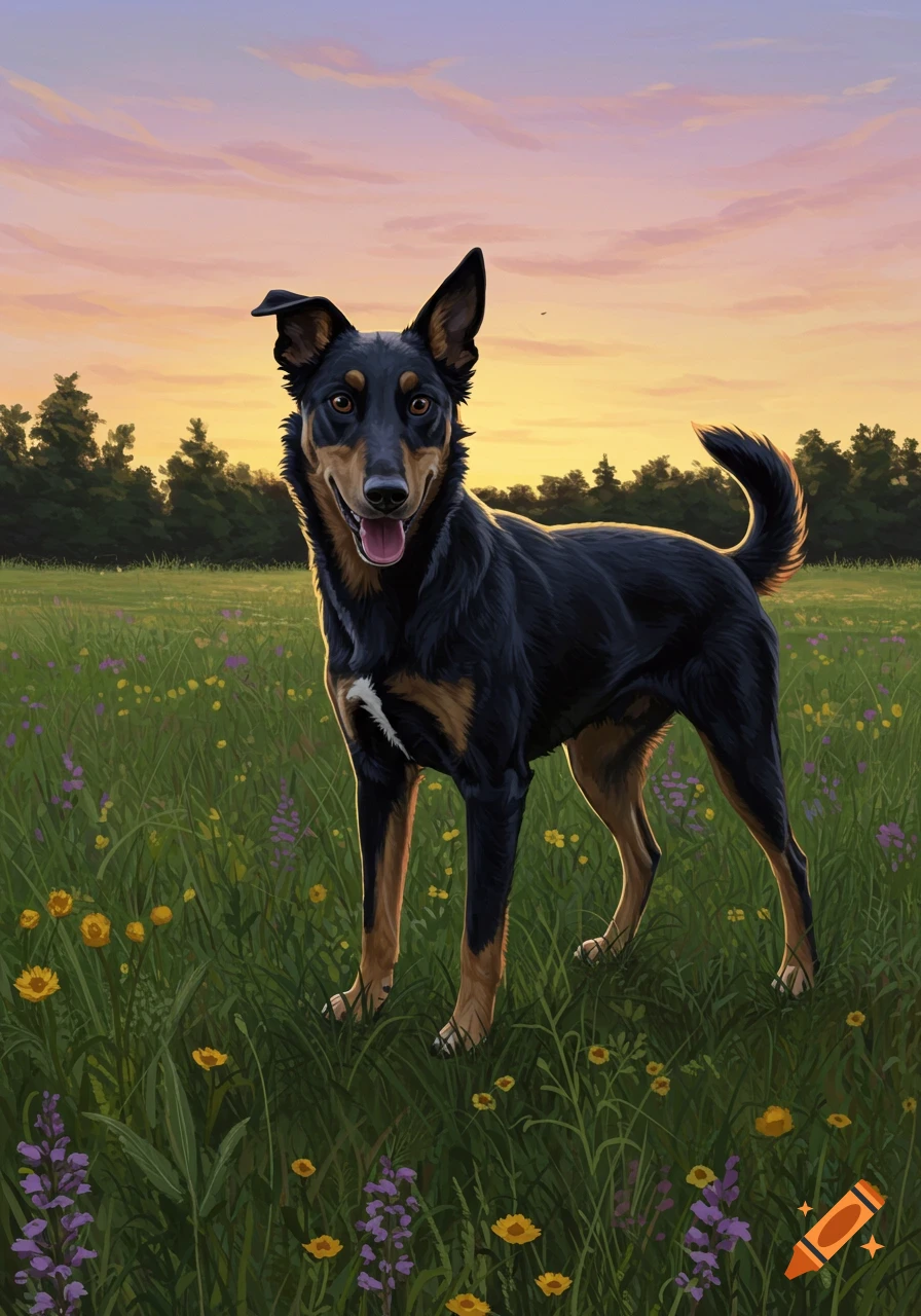 Illustrated black and tan dog standing in a field of wildflowers at sunset.