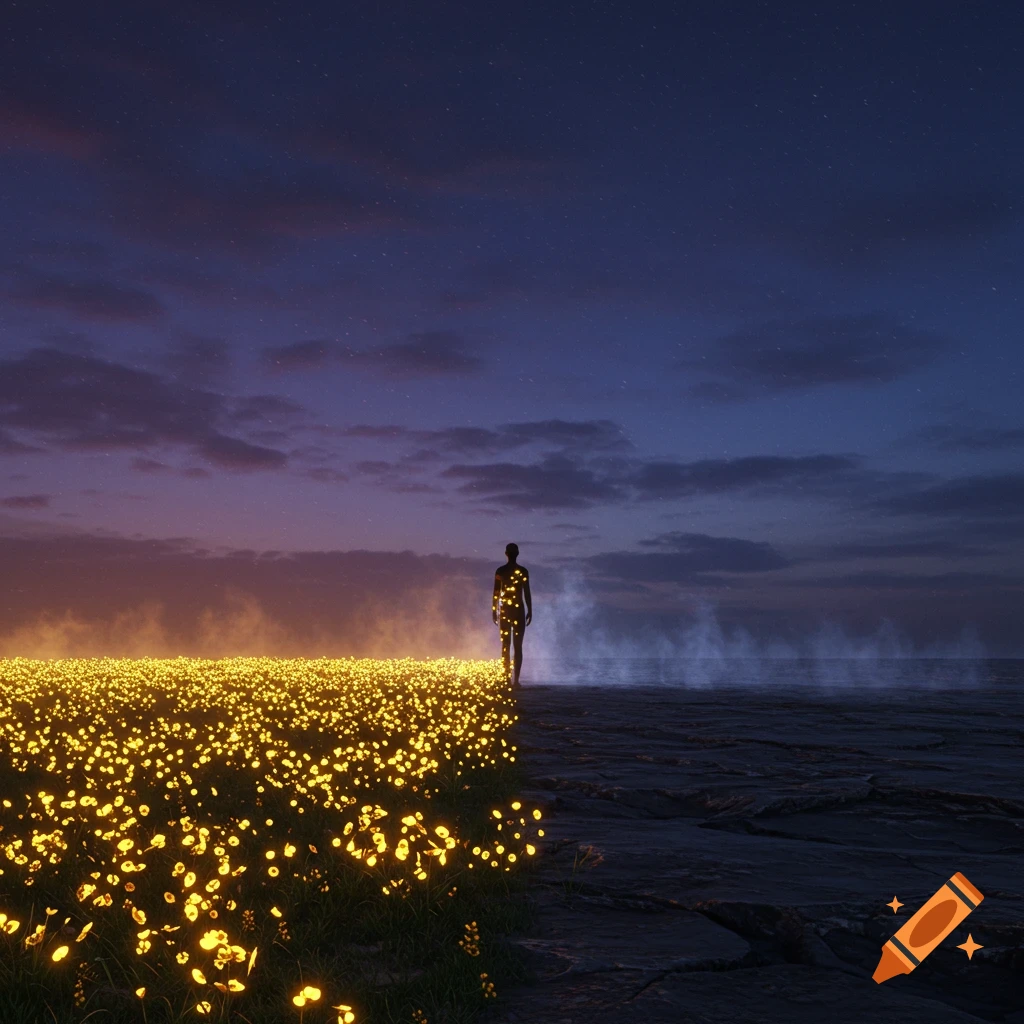 A lone, glowing figure stands between a field of luminous golden flowers and a barren rocky landscape under a twilight sky.