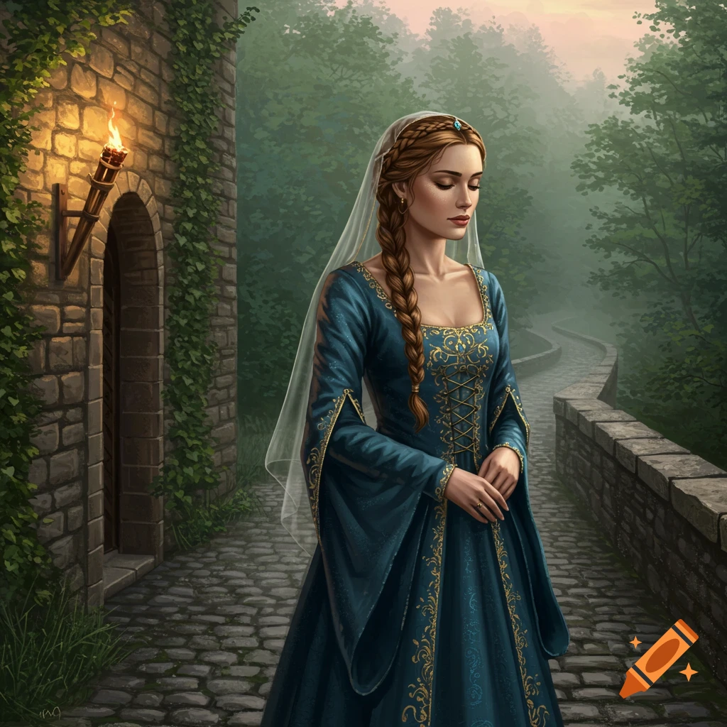 A woman in a teal medieval dress and veil stands on a cobblestone path next to a stone wall with a lit torch, with a misty forest background.