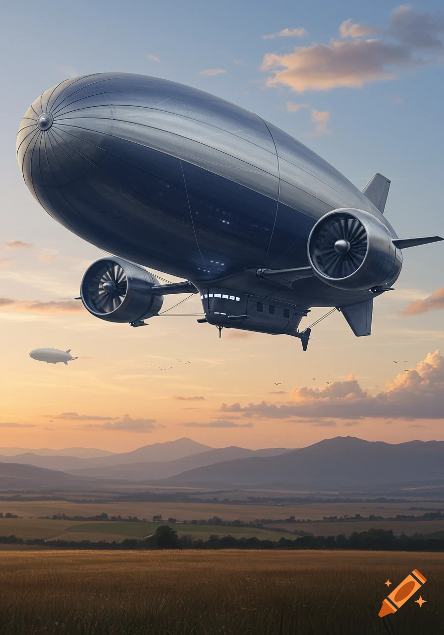 A large, metallic airship with two visible propellers flies over a golden field and distant mountains at sunset, with another airship in the distance.