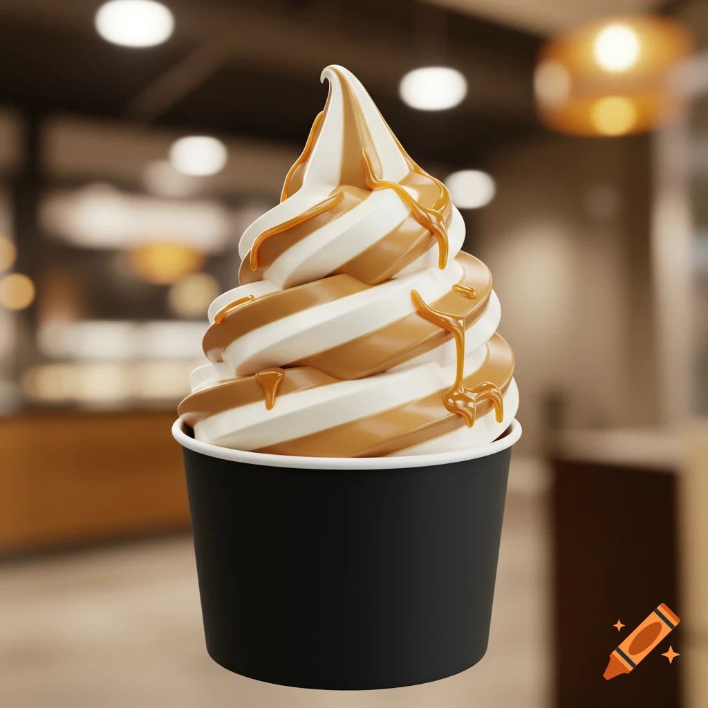 Swirled vanilla and caramel soft-serve ice cream with caramel drizzle in a black cup, photorealistic.