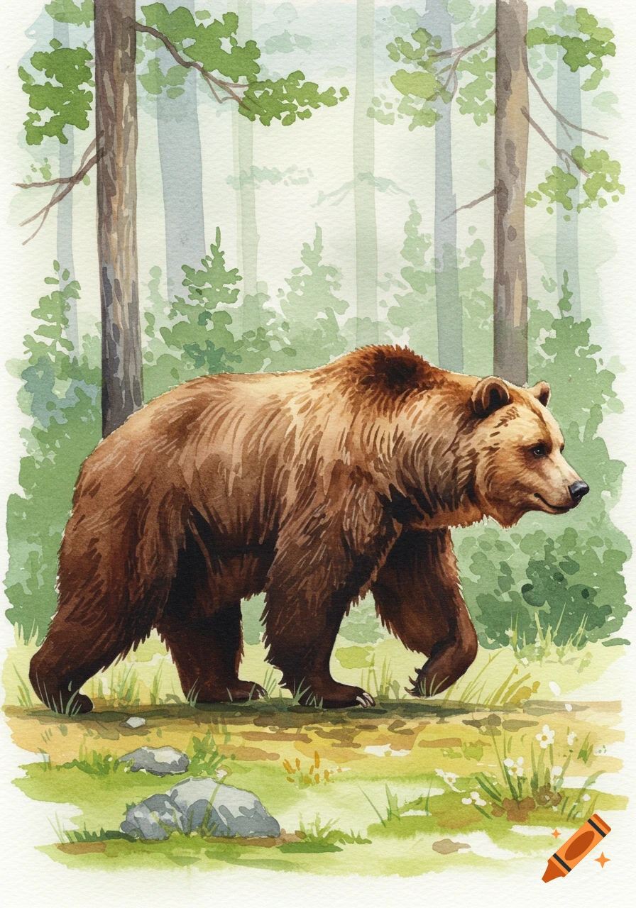 A watercolor illustration of a brown bear walking through a forest.