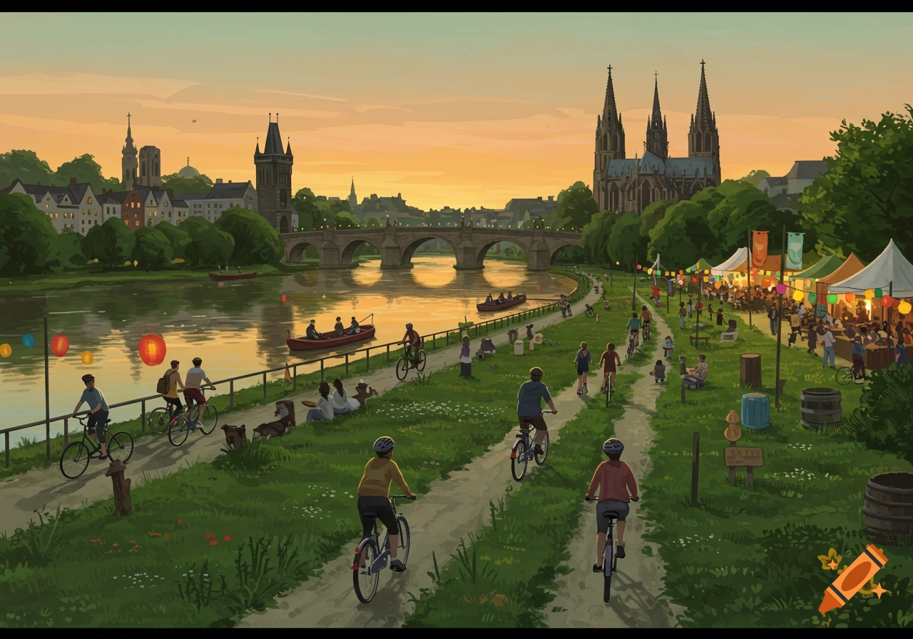 Stylized illustration of people cycling and enjoying a festival along a river with historical city buildings at sunset.