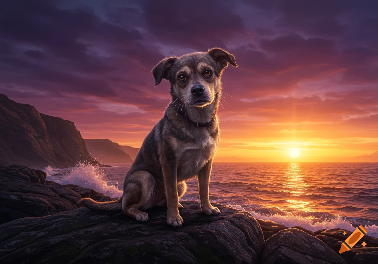 A mixed-breed dog sits on a rocky coast, looking at the camera against a vibrant orange and purple sunset over the ocean.