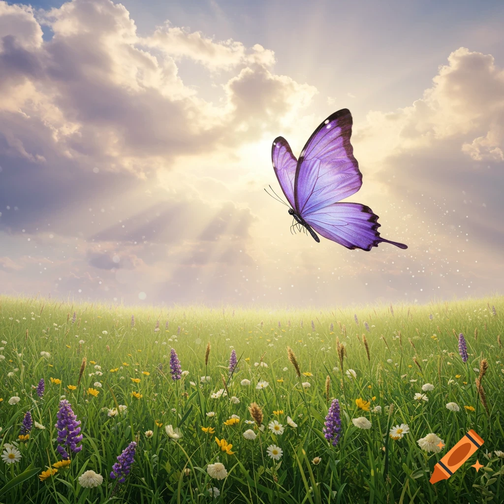 A vibrant purple butterfly flies over a green meadow filled with wildflowers under a sunny, cloudy sky with sun rays.