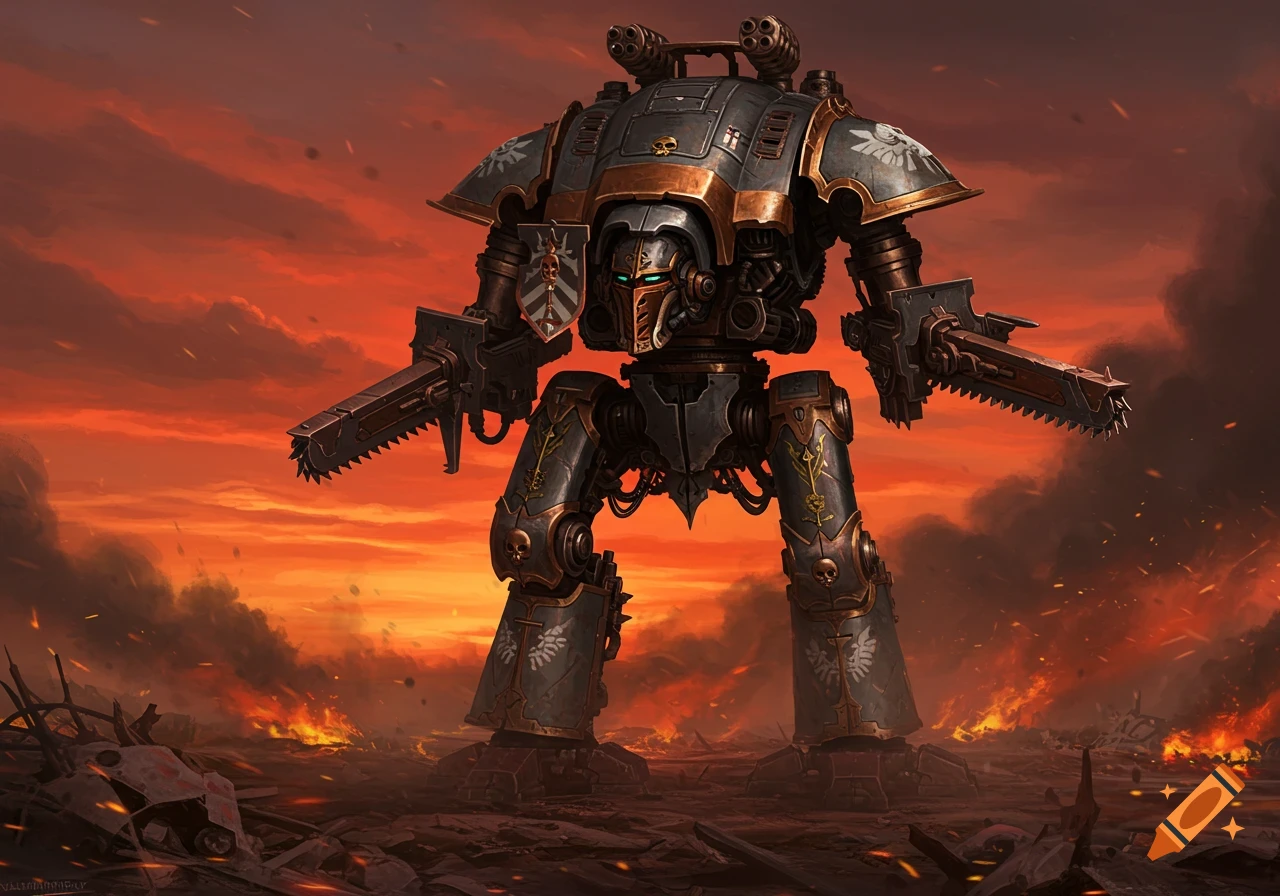 A massive Warhammer 40k Imperial Knight mecha, armed with chainswords, stands on a fiery battlefield under an orange sky.