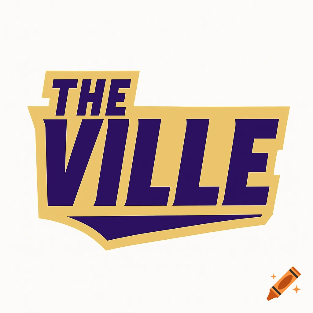 A bold, sports-team style wordmark logo with "THE" above "VILLE" in vibrant purple block letters, outlined in gold.