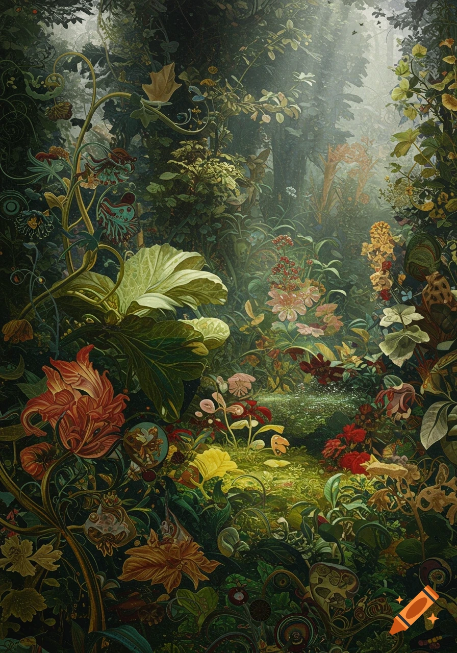 Lush, surreal garden in a forest clearing, dense with intricate plants and colorful flowers, illuminated by light rays, in an illustrative style.
