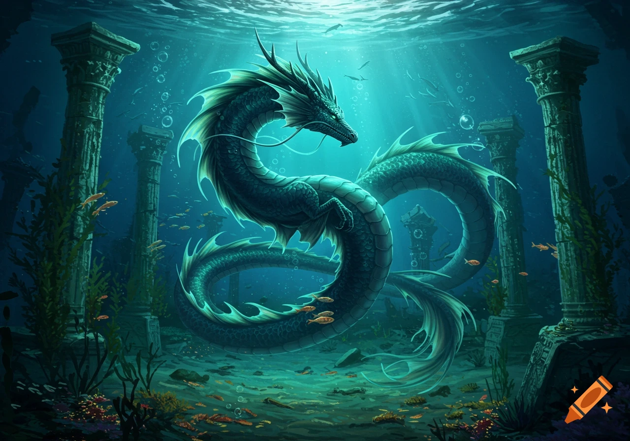 A majestic serpentine aquatic dragon coiled amidst ancient submerged ruins with fish swimming around.