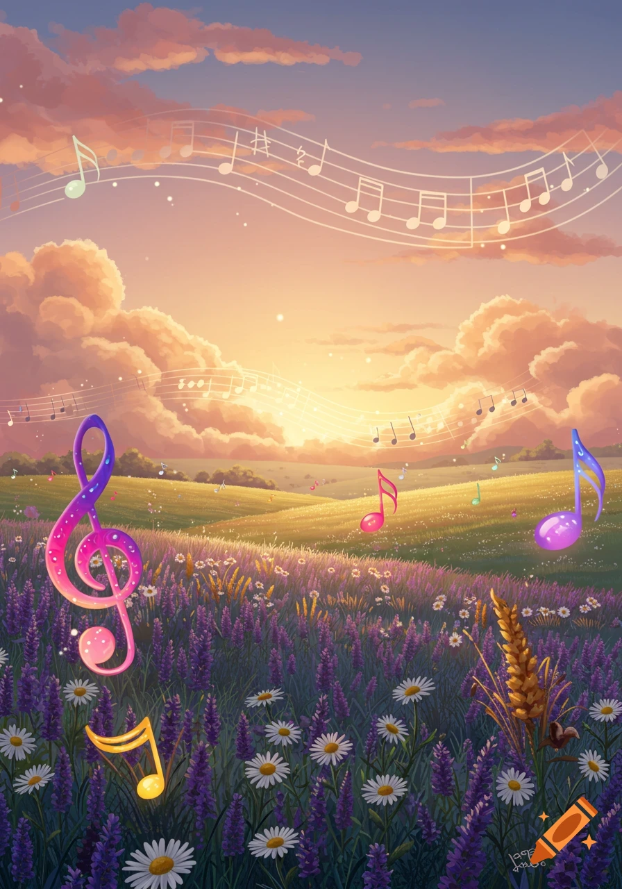 Vibrant fantasy landscape with lavender fields and daisies, glowing musical notes and a treble clef float under a sunset sky.