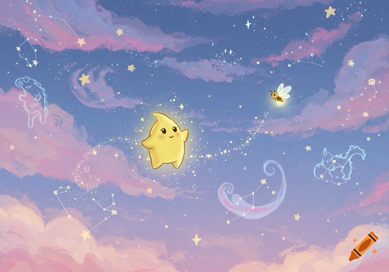 A cute, glowing yellow star and a firefly fly through a soft, colorful night sky with pink and purple clouds and constellations. Illustrated.