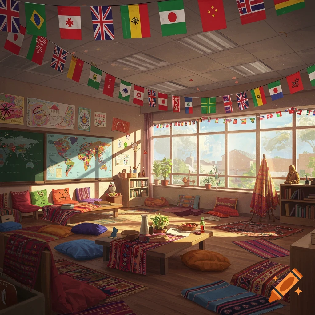 A colorful classroom decorated with international flags, maps, and cushions, lit by sunlight from large windows.