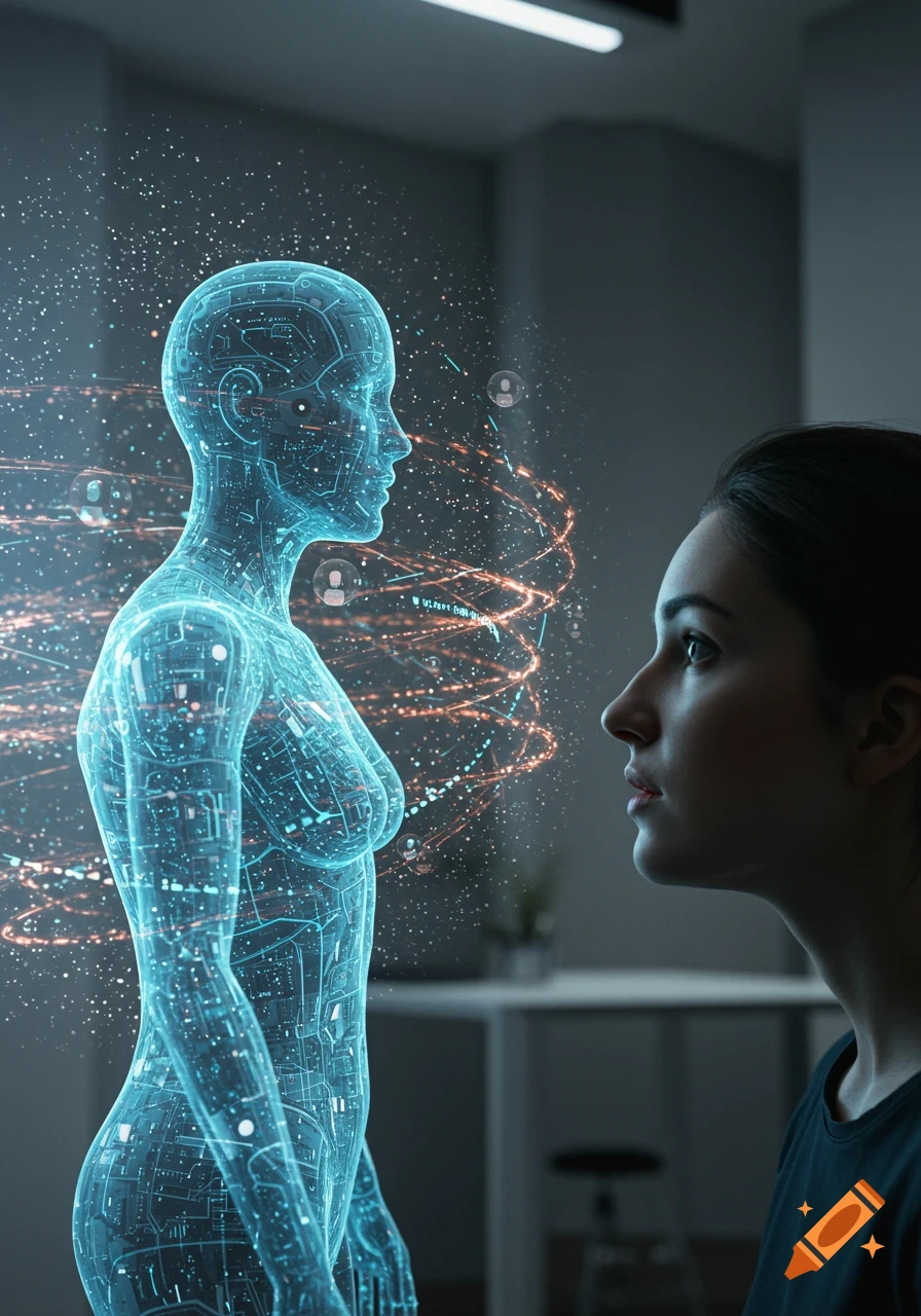 A woman observes a glowing, semi-transparent holographic AI figure with intricate digital patterns in a futuristic setting, photorealistic.