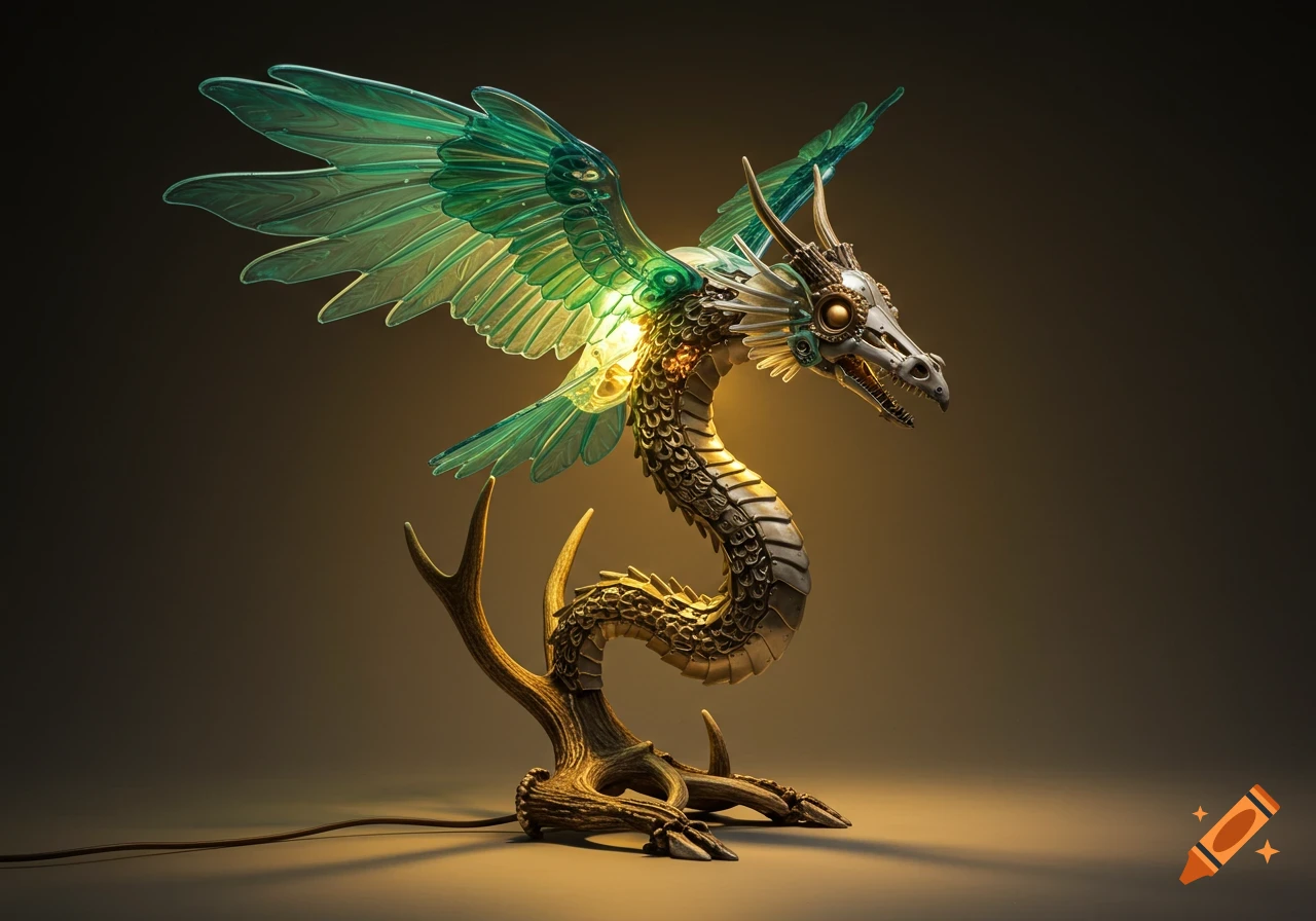 A highly detailed, glowing lamp sculpted as a metallic dragon with translucent green wings, perched on an antler base.