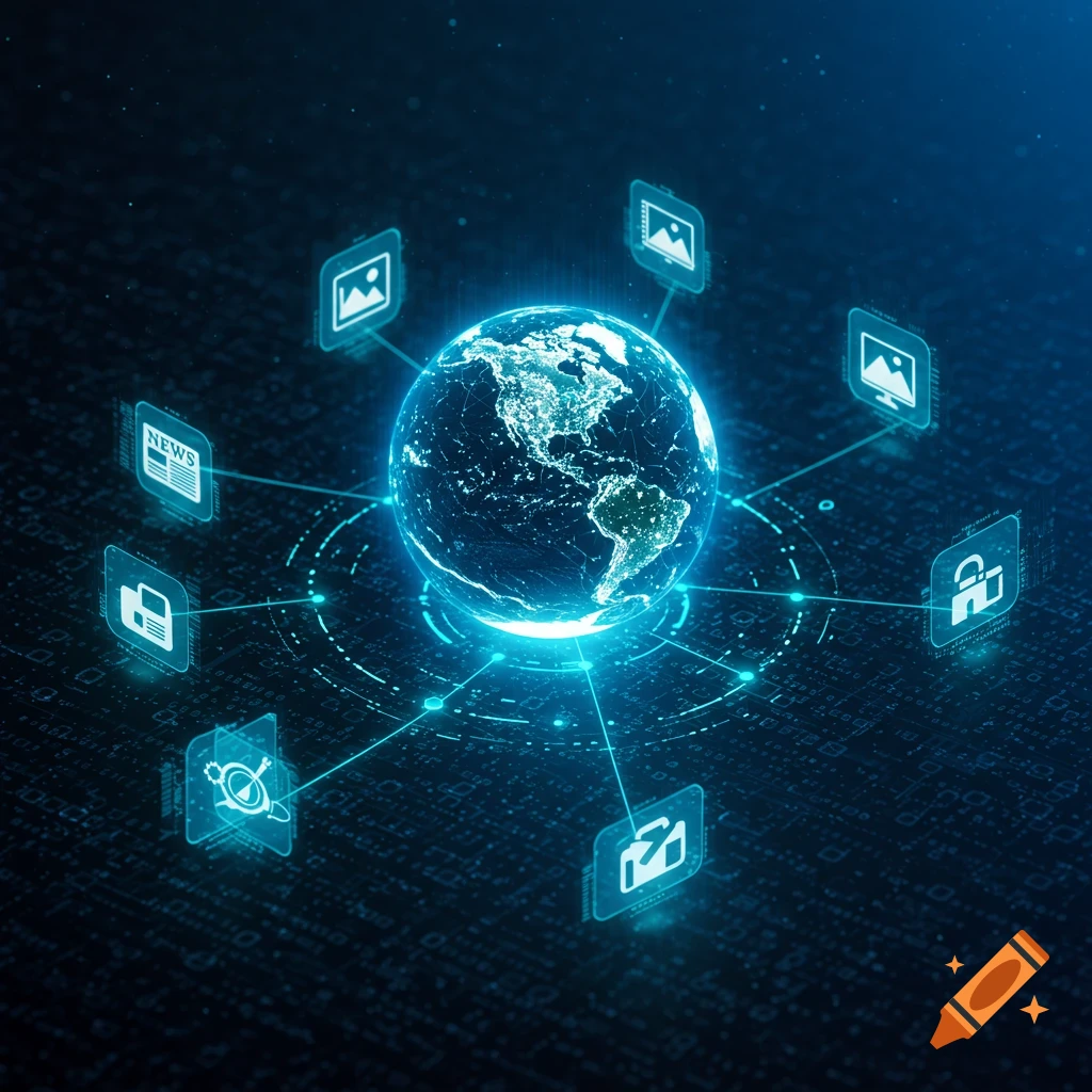 A glowing blue digital globe connected by lines to various data icons, set against a dark circuit board background, representing a global network.