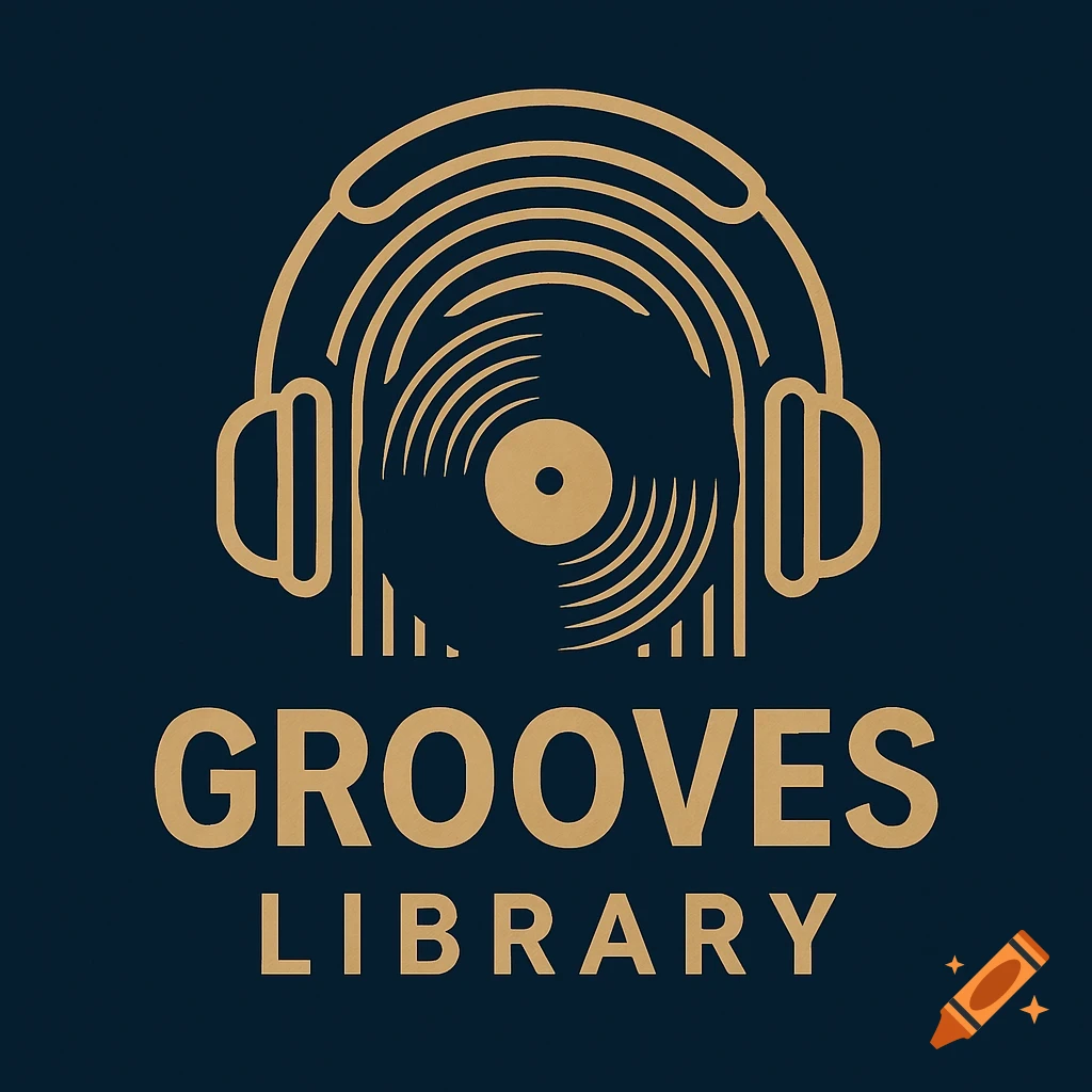 Gold minimalist logo featuring headphones and a vinyl record above 'GROOVES LIBRARY' text on a dark blue background.